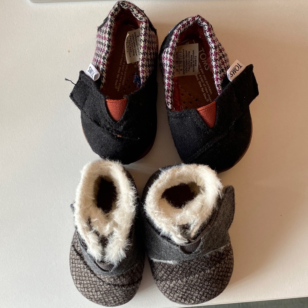 TOMS Bundle of black slip ons and gray booties. Size 2. Like new.